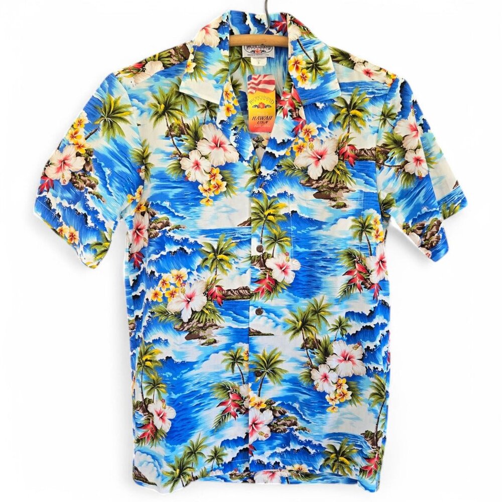Pacific Legend Hawaiian Shirt Floral Tropical Print Blue Diamond Head NWT Small